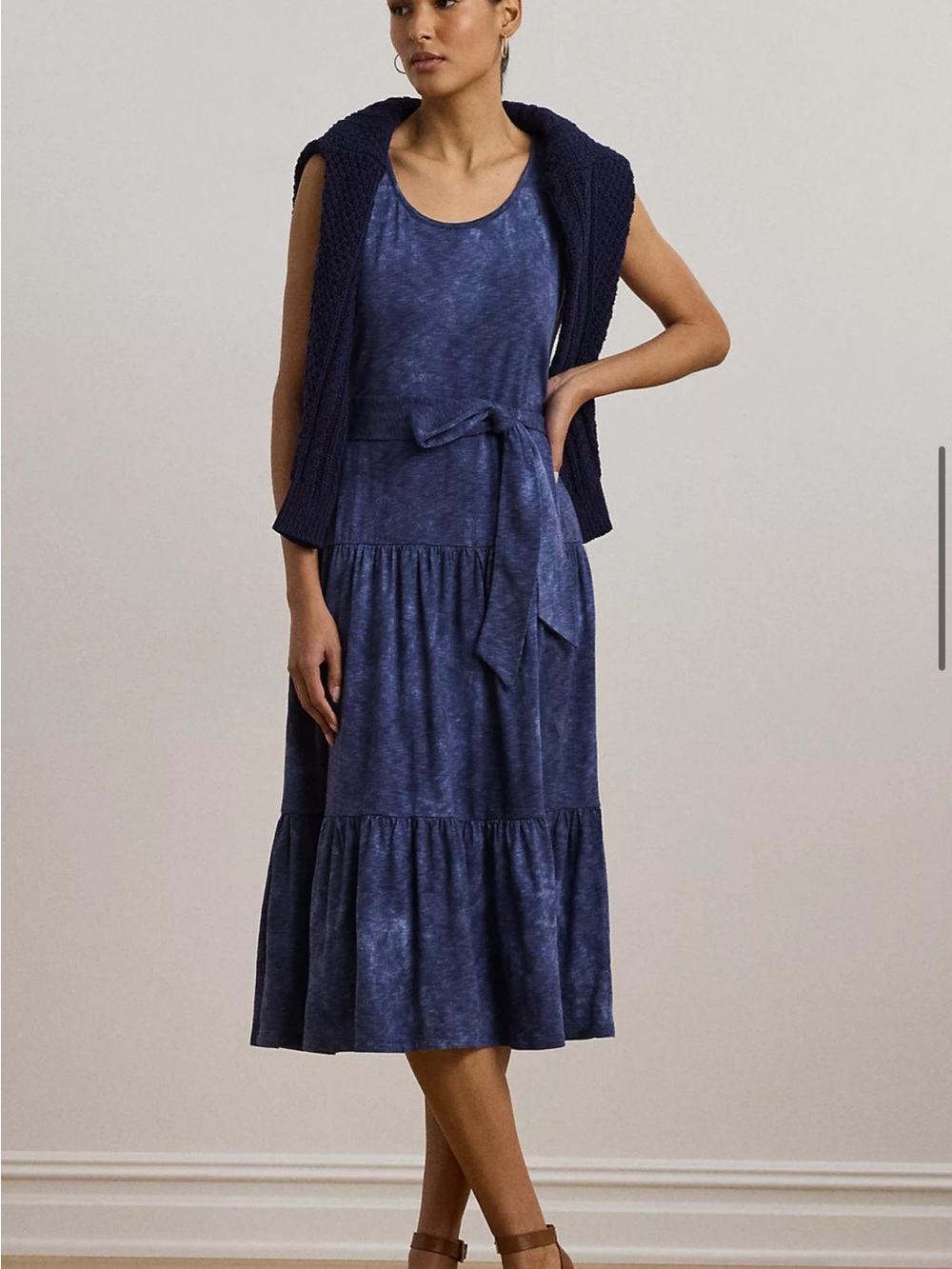 Lauren by Ralph Lauren Printed Belted Jersey Tiered Dress - Picture 2 of 7